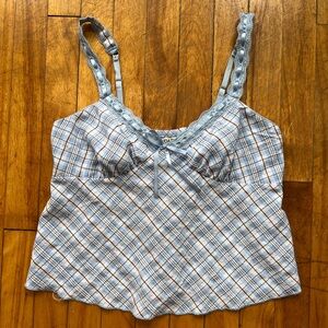 Y2K No Boundaries Coquette Spaghetti Strap Babydoll Pastel Blue Plaid Tank Top M
